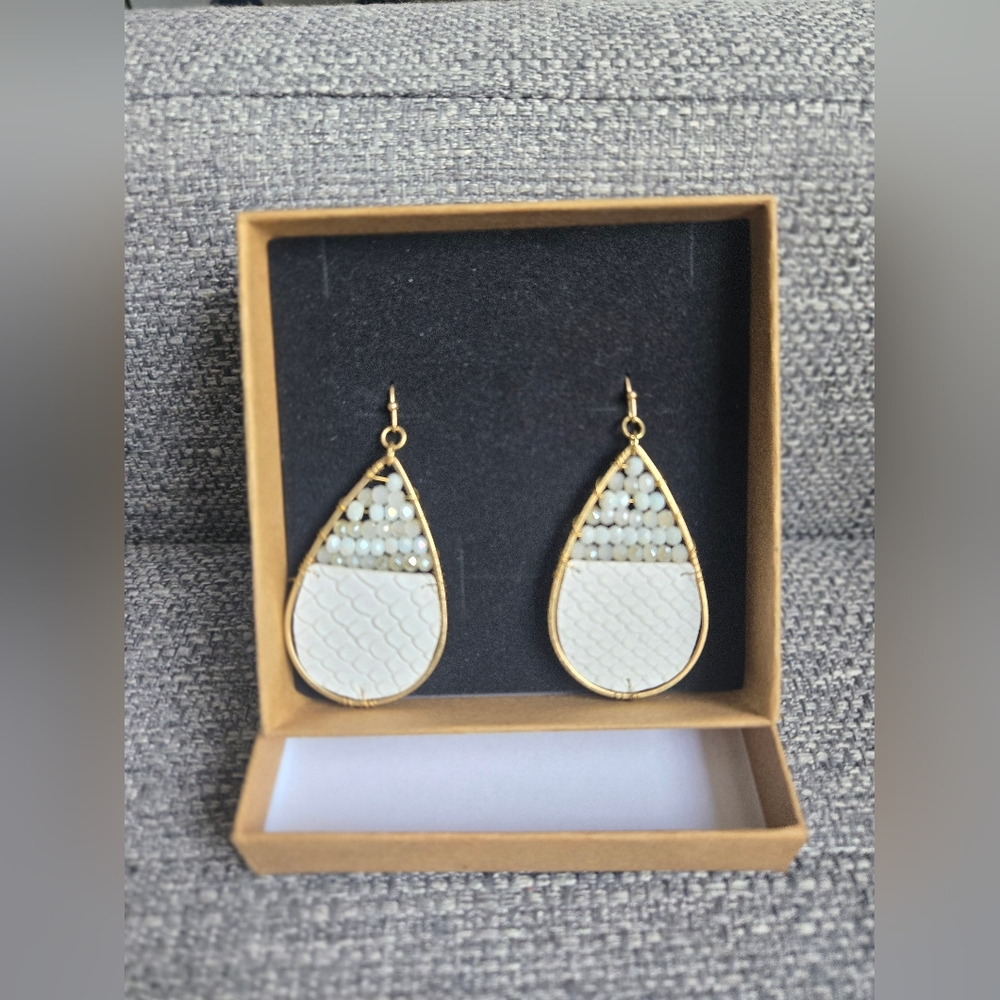 White Beaded Dangled Earrings